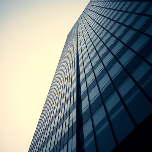 High-angle shot of a modern skyscraper at dusk, emphasizing geometric lines and reflective glass with a 50mm lens, f/8 aperture, ISO 200, shutter speed 1/125s, using a DSLR camera.