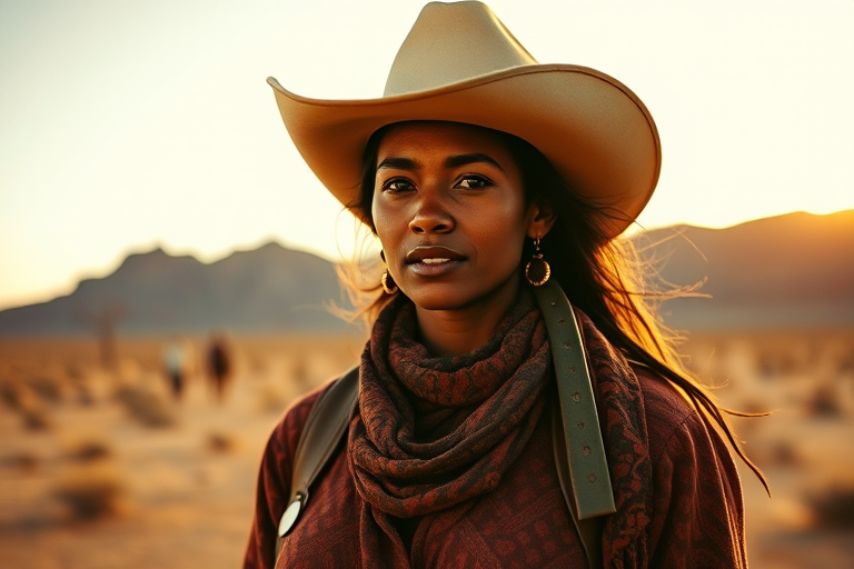 Dramatic photo of a beautiful Aboriginal Australian woman, classic cowboy attire, confident and free spirit expression, half-length portrait, centered, golden hour desert landscape, warm, diffused light, low angle, medium format film camera, in style of Annie Leibovitz.