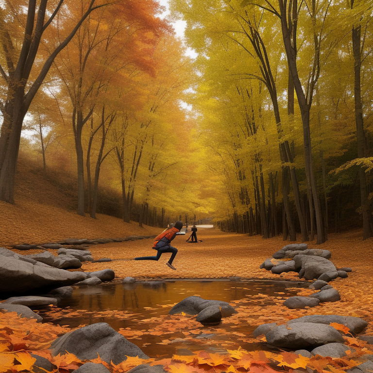 Autumn Adventure: A Joyful Leap Through a Golden Leaf-Strewn Path