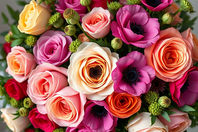 floral arrangement with a variety of roses, anemones, and greenery, vibrant colors, high detail, soft lighting, taken with a Canon EOS R5 at f/2.8, ISO 100, 50mm lens, overhead view, natural light, macro photography