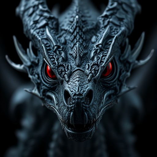 A highly detailed close-up of a dark, menacing dragon with red eyes and intricate scales, captured with a DSLR camera at f/2.8, 1/100 sec, ISO 200, using a macro lens, in a soft-focused studio lighting setup against a black background.