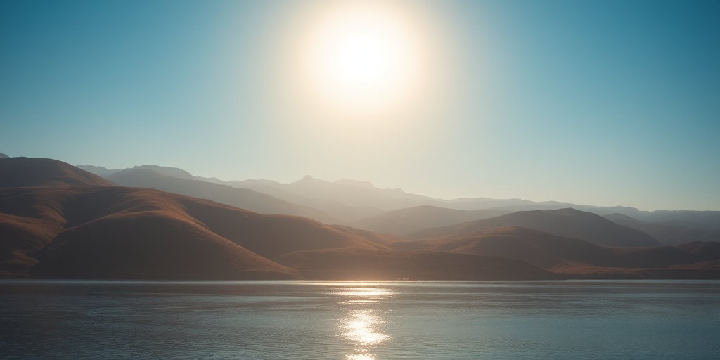 Create a serene landscape featuring rolling hills under a bright, large sun, with soft gradients in the sky transitioning from deep blue to lighter shades, gentle reflections on a calm body of water in the foreground, captured with a DSLR camera at ISO 100, f/8 aperture, 1/200s shutter speed, using a wide-angle lens for an expansive view.