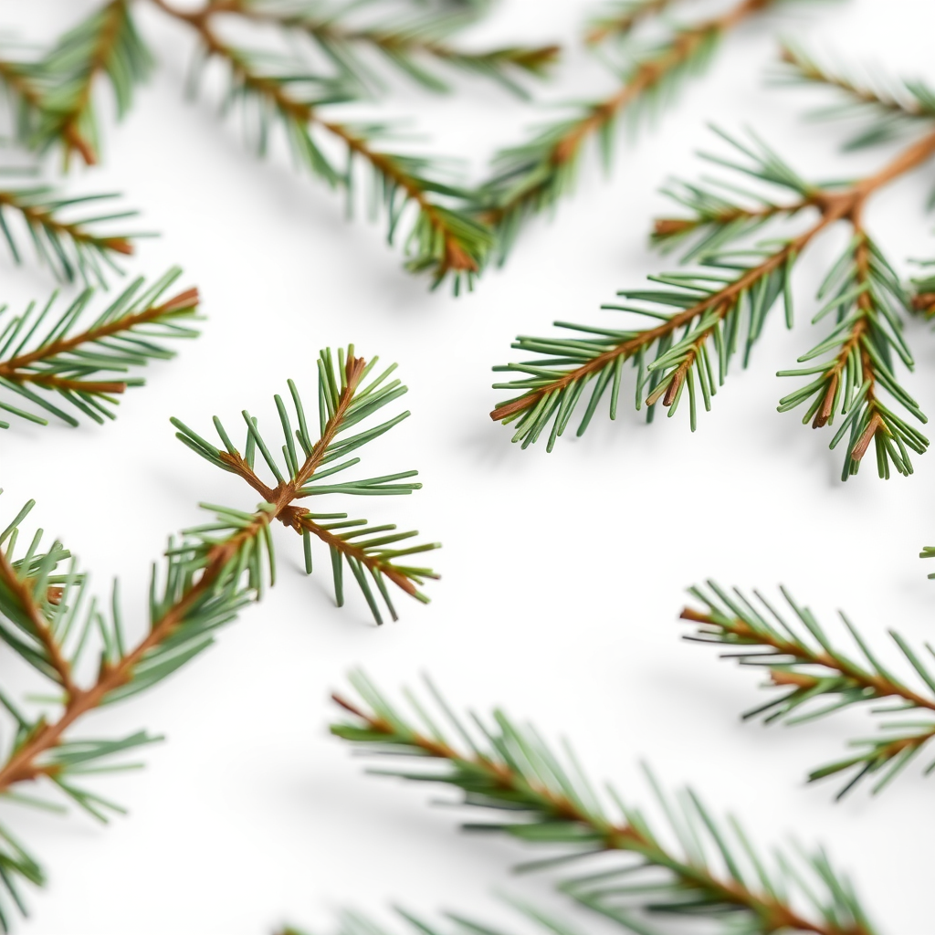 Create a high-resolution illustration of various green pine branches scattered on a white background, using a macro lens with a shallow depth of field, aperture f/2.8, 50mm lens, and natural lighting for enhanced texture detail.