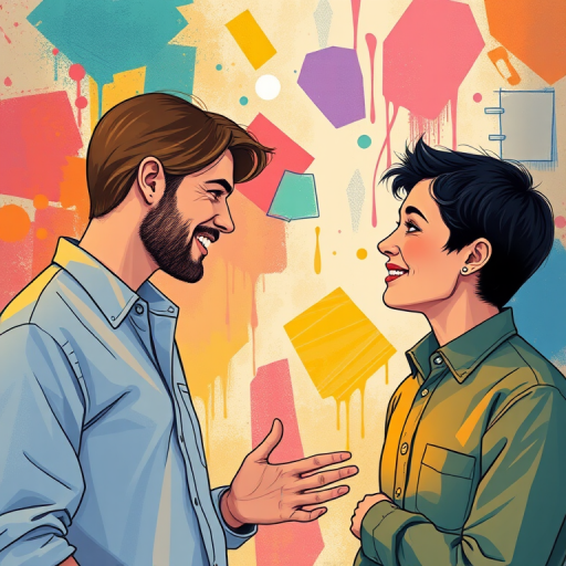 Create an illustration of a woman and a man engaged in a creative conversation, with vibrant abstract colors and shapes in the background, captured with a Canon EOS R5, 50mm lens, f/1.8 aperture, ISO 100, soft focus style.