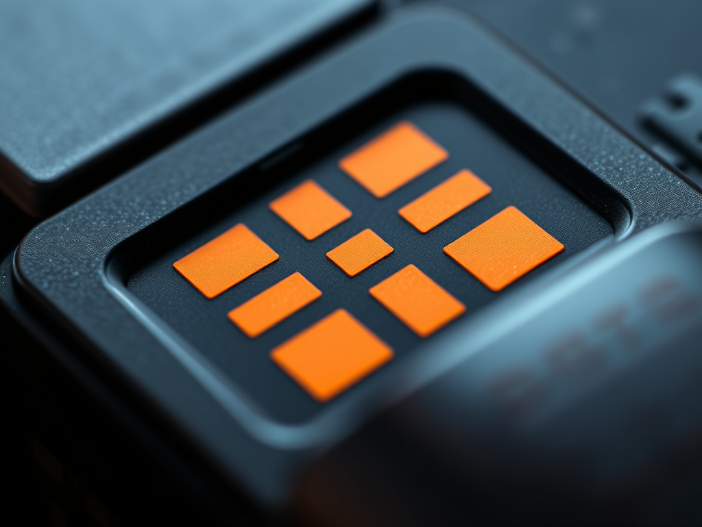 Create a high-resolution image of a black SD card with orange stripes, macro view, aperture f/2.8, shutter speed 1/60 sec, ISO 100, digital DSLR camera.