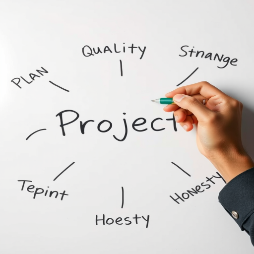 Create an image of a hand writing the word "Project" in the center of a whiteboard surrounded by words like "Plan," "Quality," "Finance," "Strategy," "Team Spirit," and "Honesty," using a DSLR camera with a 50mm lens, f/1.8 aperture, ISO 100, and soft lighting to enhance clarity and focus.