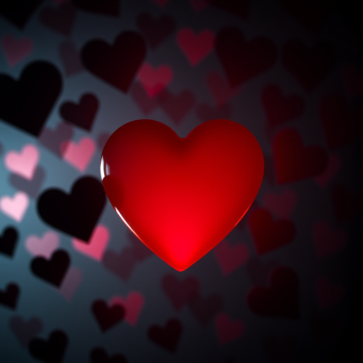 Create an image of a glowing red heart surrounded by darker abstract hearts in a dimly lit background, using a Canon EOS R5, f/2.8 aperture, 1/60 sec shutter speed, ISO 100, in macro mode for enhanced detail and depth of field.