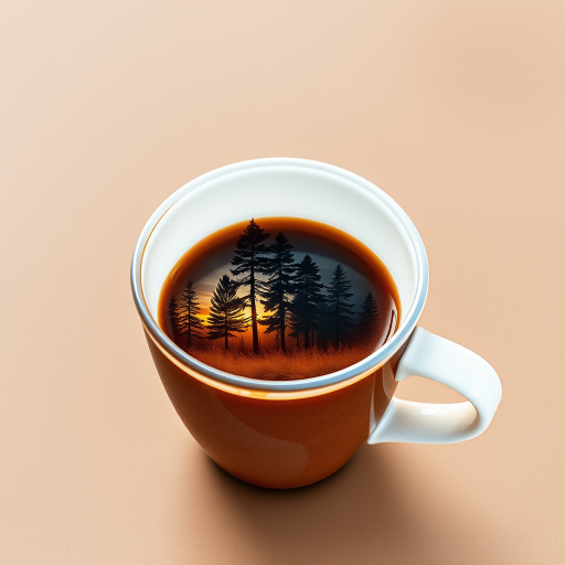 Create an artistic watercolor painting of a coffee cup filled with dark liquid, with a scenic landscape of pine trees at sunset integrated into the cup, using a soft color palette of warm oranges, blues, and browns, shot with a Canon EOS 5D Mark IV, 50mm lens, aperture f/2.8, ISO 100, and natural lighting for enhanced details.
