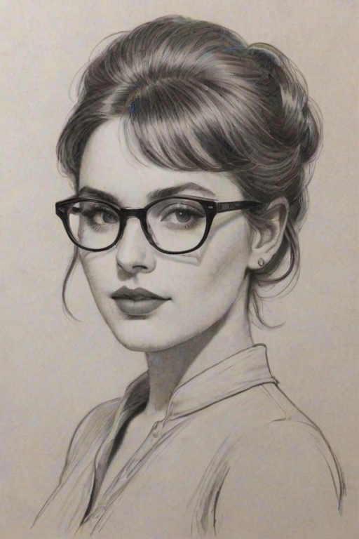 Magnificent Chloe Fineman, pencil sketch, portrait of Elegant woman 1961s in glasses, hair style beatnik, outline, clear lines, fine lines, 8k