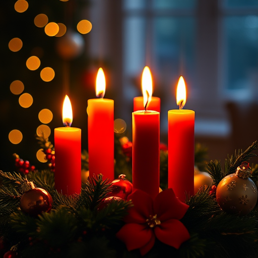 create a warm and festive image of a Christmas candle wreath with four lit red candles surrounded by greenery and ornaments, set against a soft glowing dark background with sparkling lights, taken with a DSLR camera at f/2.8 aperture, ISO 100, 50mm lens, in macro view to enhance details and bokeh effect
