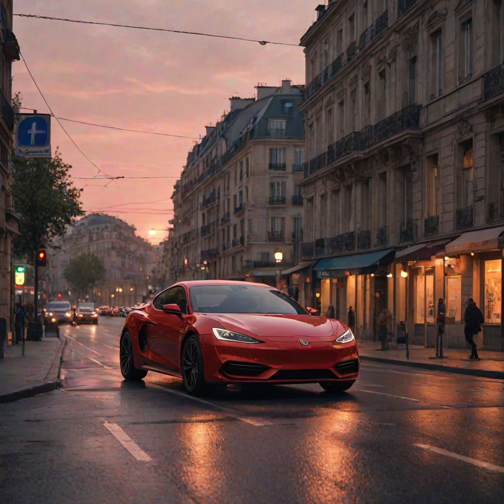 ((masterpiece, best quality)),In the evening, the sunset is reflected on the car, red car, the car is driving on the road, Dusk backlight, Street lights, street signs, parking signs, Render, UE5, Modernization, French architecture, bustling streets,