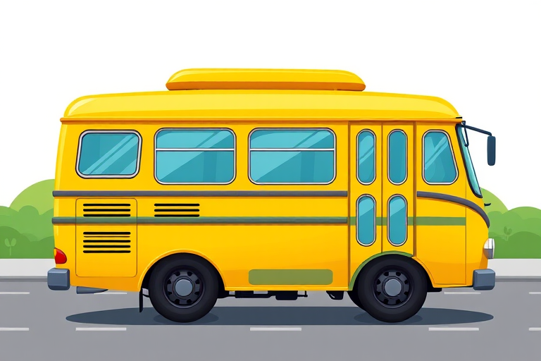 Create a high-resolution cartoon-style image of a yellow bus from a side view, using a DSLR camera set to aperture f/8, shutter speed 1/250s, ISO 100, with a focus on vibrant colors and smooth lines.