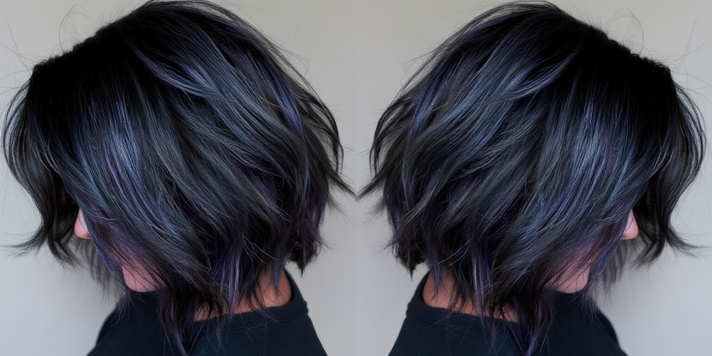 Smoky charcoal gray hair styled in edgy, textured layers with subtle purple lowlights, creating a mysterious and alluring "Twilight Haze" appearance