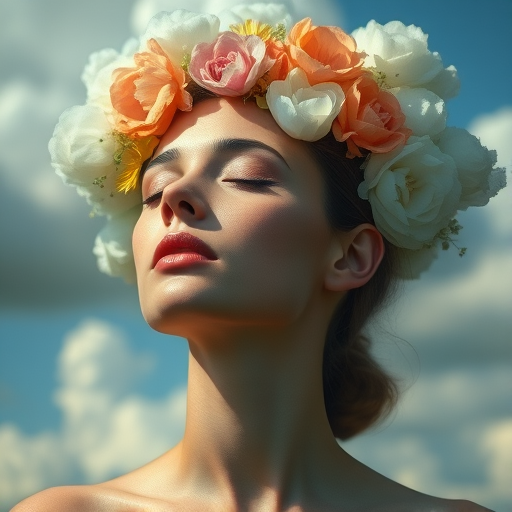 Create a surreal portrait of a serene woman with closed eyes, incorporating vivid clouds and floral elements around her head, capturing the essence of nature, shot with a DSLR camera at f/1.8, ISO 200, 50mm lens, in soft natural light.