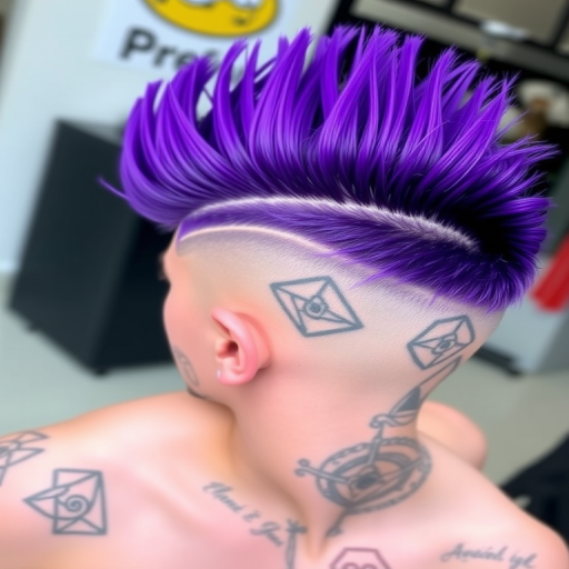 Edgy undercut with vibrant purple mohawk, featuring shaved sides with intricate geometric patterns, showcasing bold self-expression and artistic flair