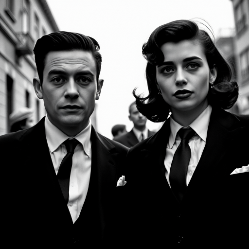 Black-and-white photograph, couple, tailored suits, retro hairstyles, film noir style, Tilt the camera for a dynamic Dutch angle using a versatile 24-70mm lens