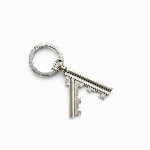 Create a high-resolution image of a silver key with a circular handle, captured from a slightly elevated angle using a Canon EOS R5 camera with a 50mm f/1.8 lens at ISO 100, aperture f/2.8, and shutter speed 1/200 sec, against a white background for contrast.