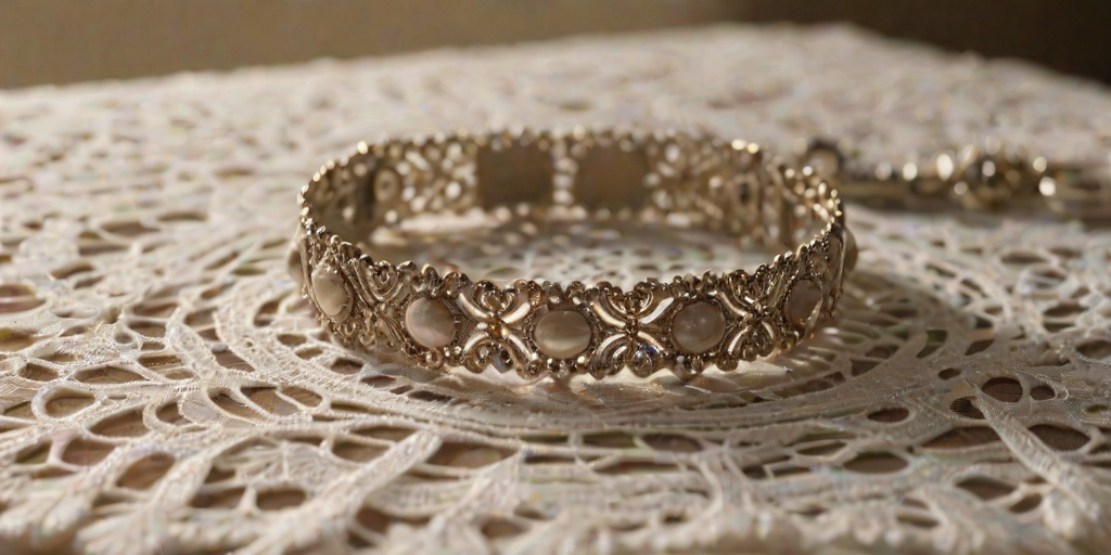 Close-up of a delicate bracelet resting on a lace doily, soft afternoon light from a nearby window illuminating the intricate details, with a vintage jewelry box softly blurred in the background.