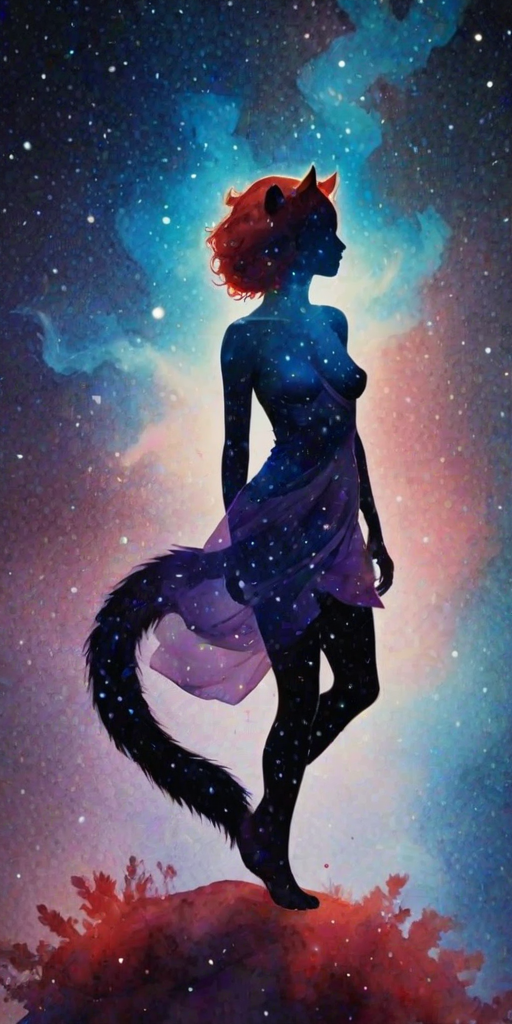 Captivating conceptual render alcohol ink art, double exposure, the paint strokes artfully merge combining a woman's full silhouette with a Radiant red panda's silhouette. The figures are composed of a series of colored dots, lines & spots that evoke the image of a cosmic galaxy, colors are deep shades of blue purple & black with flashes of white & silver representing distant stars. The woman's silhouette is formed within the lion's silhouette from constellations of scattered stars, surreal