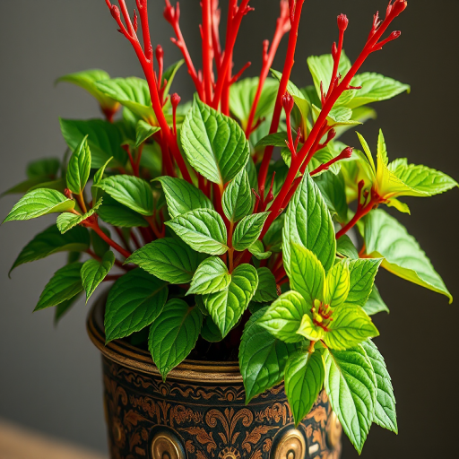 Create a highly detailed illustration of a lush plant with vibrant green leaves and striking red stems in an ornate decorative pot, using a macro lens with an aperture of f/2.8, focal length of 50mm, and natural soft lighting to enhance colors and textures.