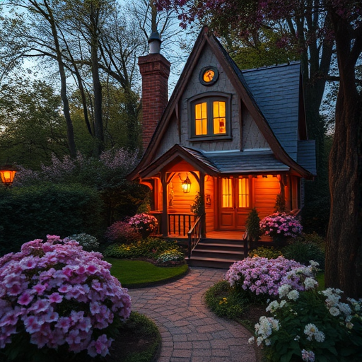 a whimsical fairytale cottage surrounded by blooming flowers and illuminated by soft, warm lights at dusk, with lush trees and a magical atmosphere, shot with a Canon EOS R5 at f/1.4, ISO 100, 24mm wide angle, high dynamic range, in a twilight setting for enhanced colors and depth.