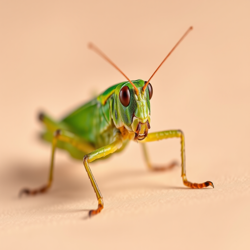 Create a high-resolution, realistic image of a grasshopper on a neutral background, using a DSLR camera with a 50mm lens at f/2.8, ISO 100, and 1/200 sec shutter speed, capturing fine details and vibrant colors, in macro photography style.