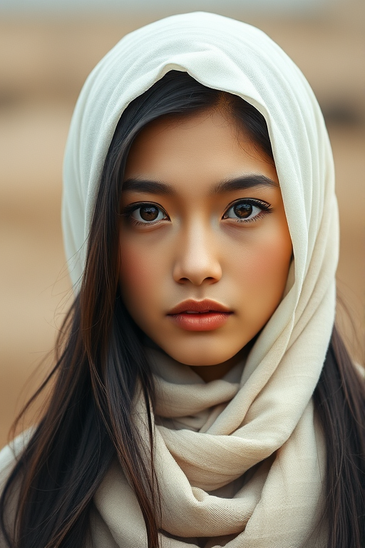 Create a portrait of a young Mongolian woman with long, dark hair and captivating hazel eyes. She is wearing a white headscarf and a matching scarf draped gracefully around her neck. The background is softly blurred, focusing attention on her serene and natural expression. The overall color palette is muted and warm, enhancing the intimate and authentic feel of the portrait.