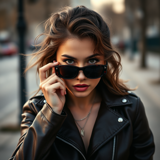Outdoor shot, stunning female model, vintage leather jacket, sunglasses, cinematic effect, Position the camera at the model’s eye level using a 35mm f/1.4 lens