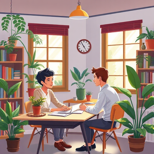 Create a cozy indoor scene featuring two men in a discussion at a desk with plants and bookshelves, natural light coming through two windows, drawn in a vibrant cartoon style, captured with a Canon EOS R5, ISO 100, f/4, 50mm lens, shallow depth of field, soft lighting.