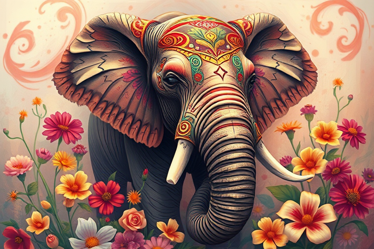 an intricately detailed elephant surrounded by vibrant flowers and swirling colors, shot with a Canon EOS R5 at f/4.0, ISO 100, 50mm lens, using a soft focus style for a dreamy effect