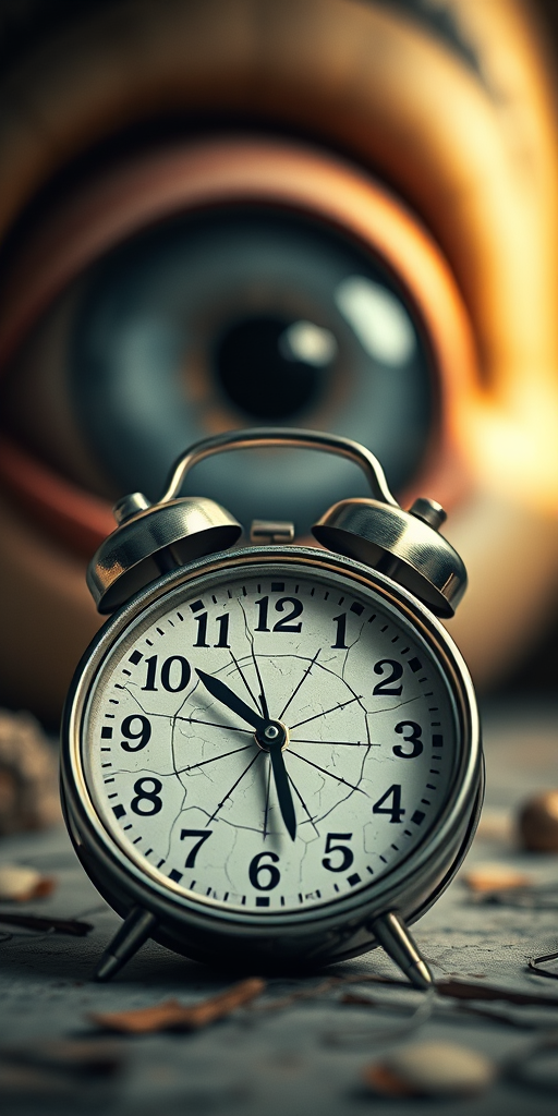 Create a surreal scene featuring a vintage alarm clock with cracked surfaces and a large, expressive eye in the background, using a Canon EOS R5 with a 50mm lens at f/1.8, ISO 100, and a shallow depth of field to enhance focus on the foreground elements, shot from a low angle to create a dramatic perspective.