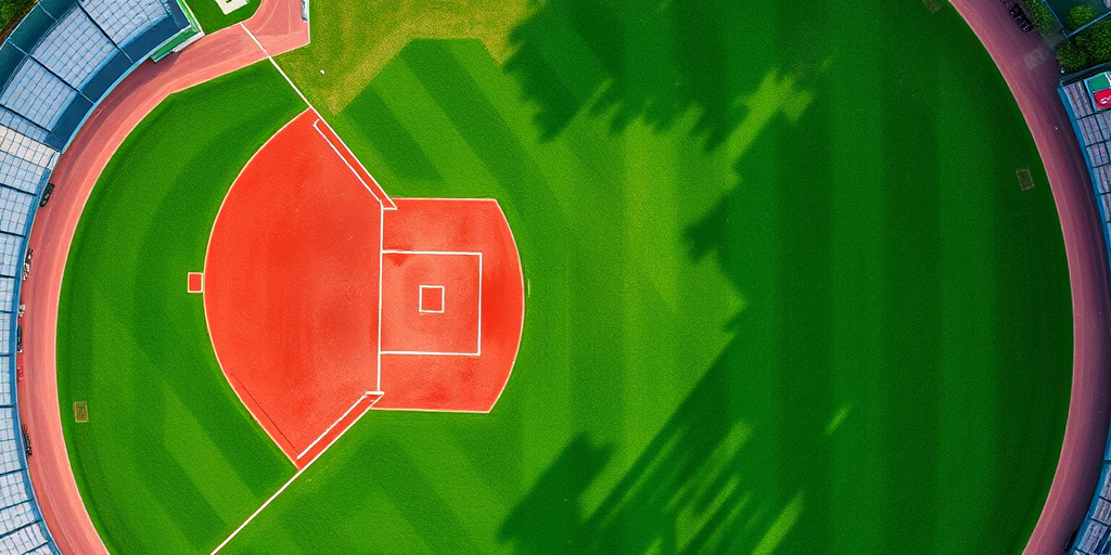 create a high-resolution aerial view of a baseball diamond with a vibrant green outfield, clay infield, and detailed base markings, using a DSLR camera with a 24mm lens, f/8 aperture, ISO 100, and a shallow depth of field for enhanced color contrast and clarity.