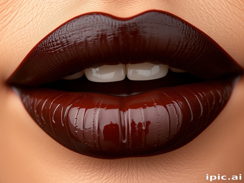 Rich chocolate brown woman lips with glossy texture, offering a unique twist on traditional dark lip colors