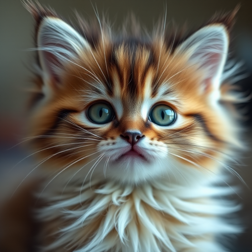 Create a hyper-realistic portrait of a fluffy kitten with captivating eyes, using a DSLR camera, 50mm lens, aperture f/1.8, ISO 100, natural lighting, and a shallow depth of field for a soft background.
