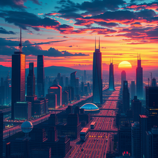 generate a detailed illustration of a futuristic city skyline at sunset with vibrant colors, using a DSLR camera with a 50mm lens, aperture f/1.8, ISO 100, and a wide-angle view for enhanced depth and clarity.