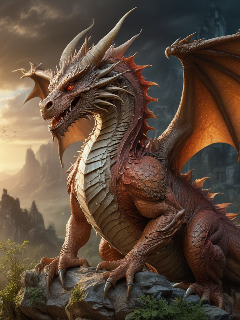 Majestic Dragon Perched on a Mountainous Rock, Breathing Fire and Power