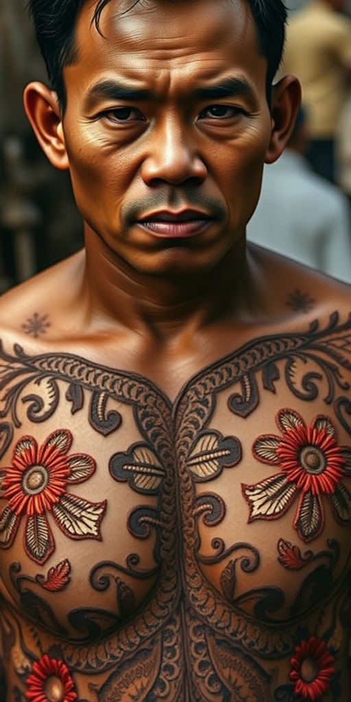 Face, shoulders, chest covered in openwork Pacific Islander embroidery. Raw, unedited image.