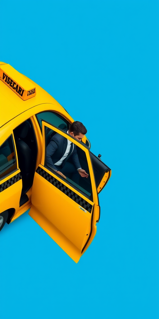 A businessman in a suit getting out of a yellow taxi on a solid blue background, shot with a DSLR camera at f/4, ISO 100, 50mm lens, natural lighting, with a focus on the subject and a slight bokeh effect.