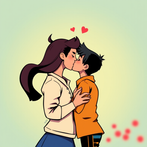 Create a high-resolution digital illustration of a romantic kiss between two stylized characters in a pop art style with vibrant colors and bold outlines, using a Canon EOS R5, 50mm lens, f/1.8 aperture, ISO 100, natural lighting, and a shallow depth of field to enhance the image quality and focus on their expressions.