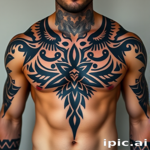Powerful tribal-inspired body tattoo covering the chest and shoulders, featuring geometric Polynesian patterns in deep matte black ink, representing strength and cultural heritage