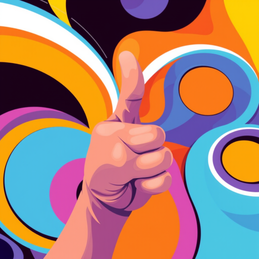 Create a vibrant, colorful abstract thumbs-up illustration featuring geometric shapes and curves, with high contrast and saturation settings, 50mm lens, f/2.8 aperture, ISO 100, using a DSLR camera and top-down view for enhanced clarity.