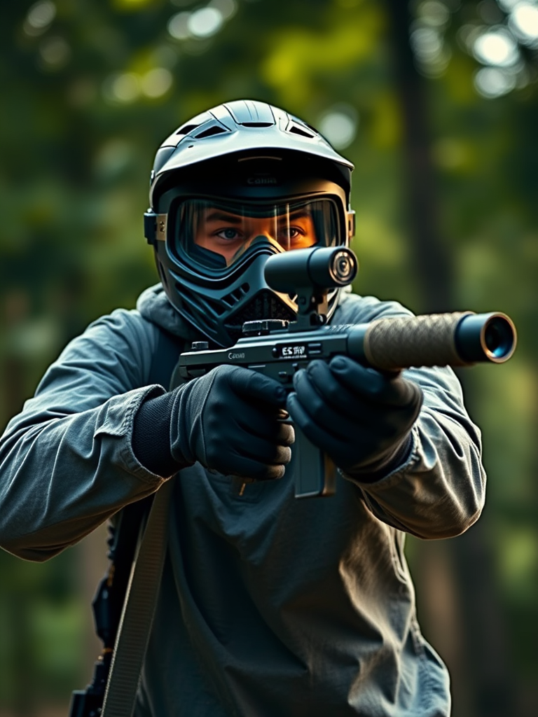 Create an illustration of a person in a paintball mask holding a paintball gun, captured in a dynamic pose, using a Canon EOS R5 camera with a 24-70mm lens at f/4, ISO 100, 1/250s, shot from a low angle with a shallow depth of field to enhance the subject while blurring the background.