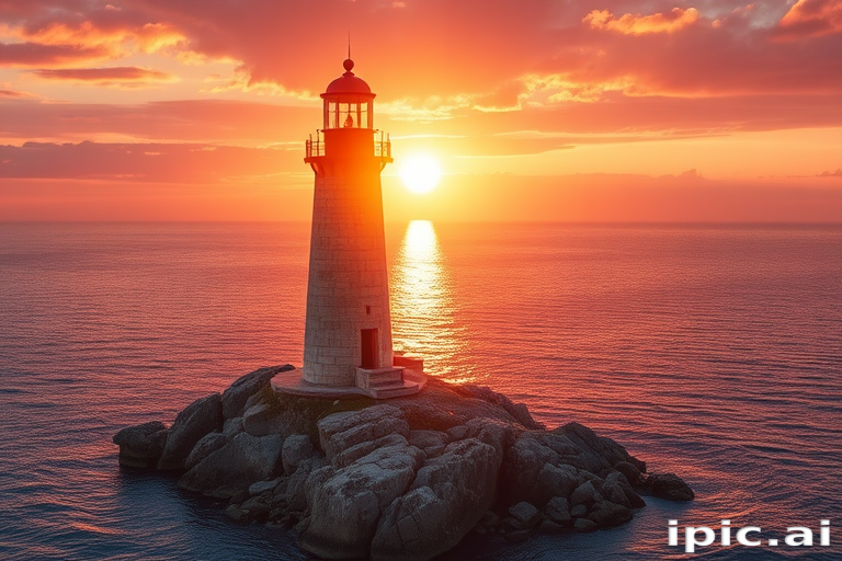 Generate an image of a tall lighthouse perched on a rocky outcrop surrounded by calm ocean waters during a breathtaking sunset. The lighthouse stands sturdy and weathered, its stone surface illuminated by the warm golden light of the setting sun. The sun's rays pass directly through the glass lantern room at the top of the lighthouse, casting a brilliant light across the scene. The sky is painted with vibrant shades of orange, pink, and purple, reflecting off the tranquil sea. The surrounding water shimmers with the same warm hues, creating a serene and majestic atmosphere.