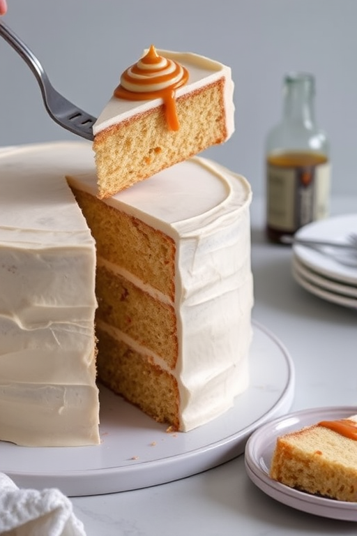 A beautifully decorated layer cake with a smooth frosting and a swirl of caramel on top, one slice is being lifted with a cake server, the background is light and minimalistic, featuring a few plates and a bottle, creating an inviting dessert scene.
