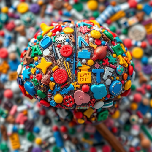 Create a colorful mosaic of a brain filled with various everyday objects and symbols, using a macro lens at f/2.8 aperture, with a shallow depth of field for details, shot from a top-down view on a Canon EOS R5 camera, emphasizing vivid colors and intricate patterns.