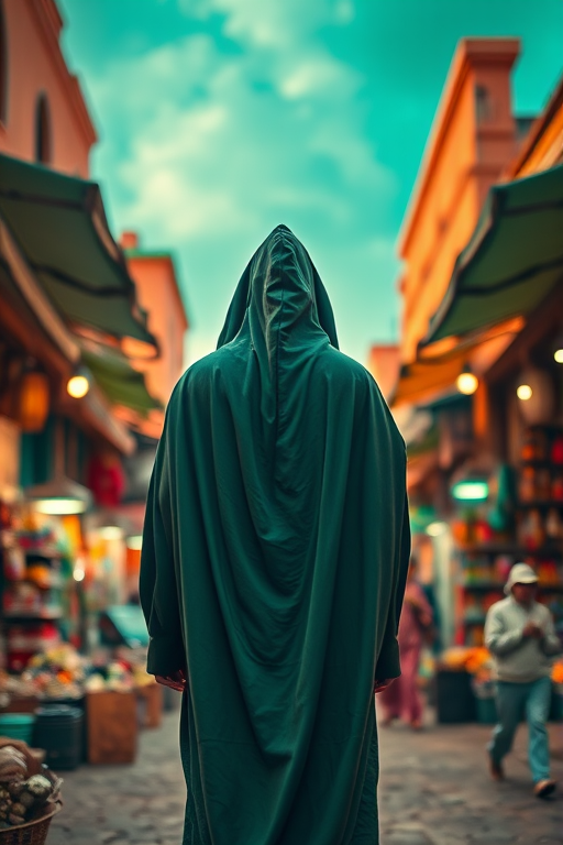 A hooded figure in a flowing green cloak standing in a bustling desert market, with vibrant colors and a dramatic green sky, captured with a Canon EOS R5, 24mm lens, f/1.8 aperture, ISO 100, soft focus, high dynamic range, low angle view.
