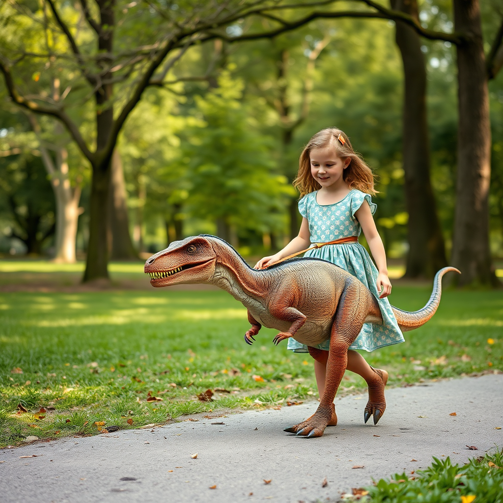 12 year old girl in a dress walking her pet Velociraptor on a leash through a park