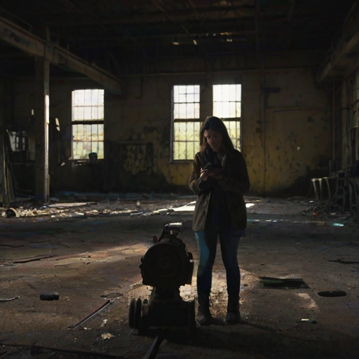 Abandoned factory, with broken windows and rusted machinery, a woman explores cautiously, her flashlight illuminating the eerie, forgotten space as she takes photos of the decaying interior.