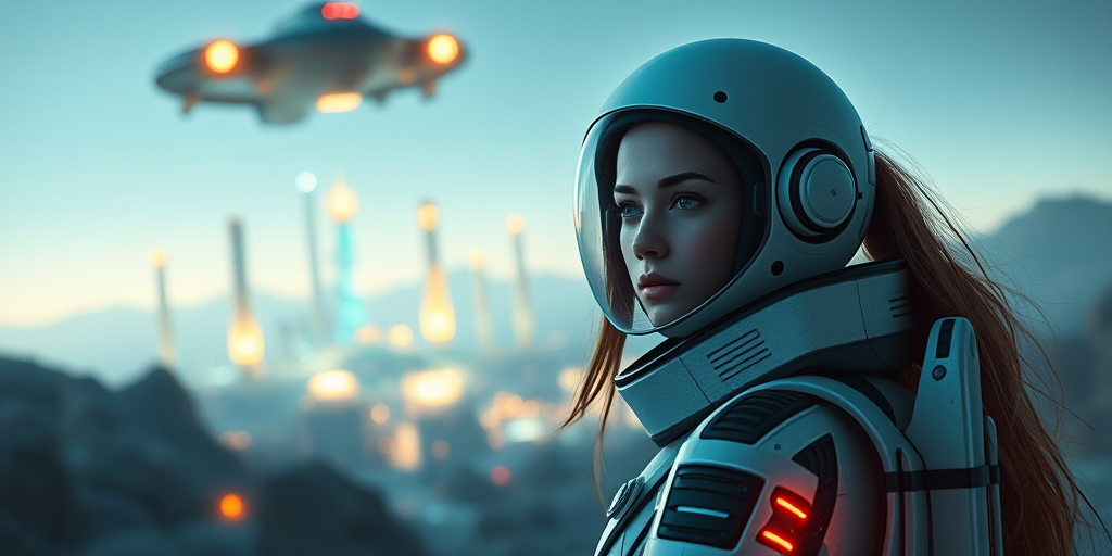 Create a futuristic scene featuring a young woman in a high-tech space suit with long hair, positioned against a backdrop of a glowing alien cityscape and a spaceship flying above, captured with a DSLR camera at f/2.8, 35mm lens, ISO 100, shot in soft focus with a vibrant color palette for enhanced visual impact.