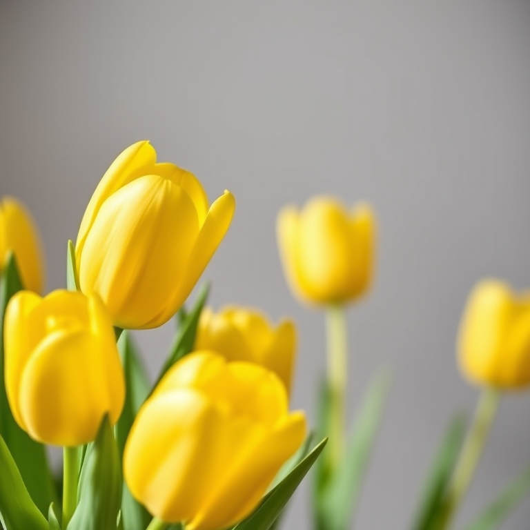 yellow tulips with smooth petals and green leaves arranged in a minimalist setting, soft natural lighting, f/2.8 aperture, 50mm lens, shallow depth of field, macro photography, DSLR camera, slight bokeh background.
